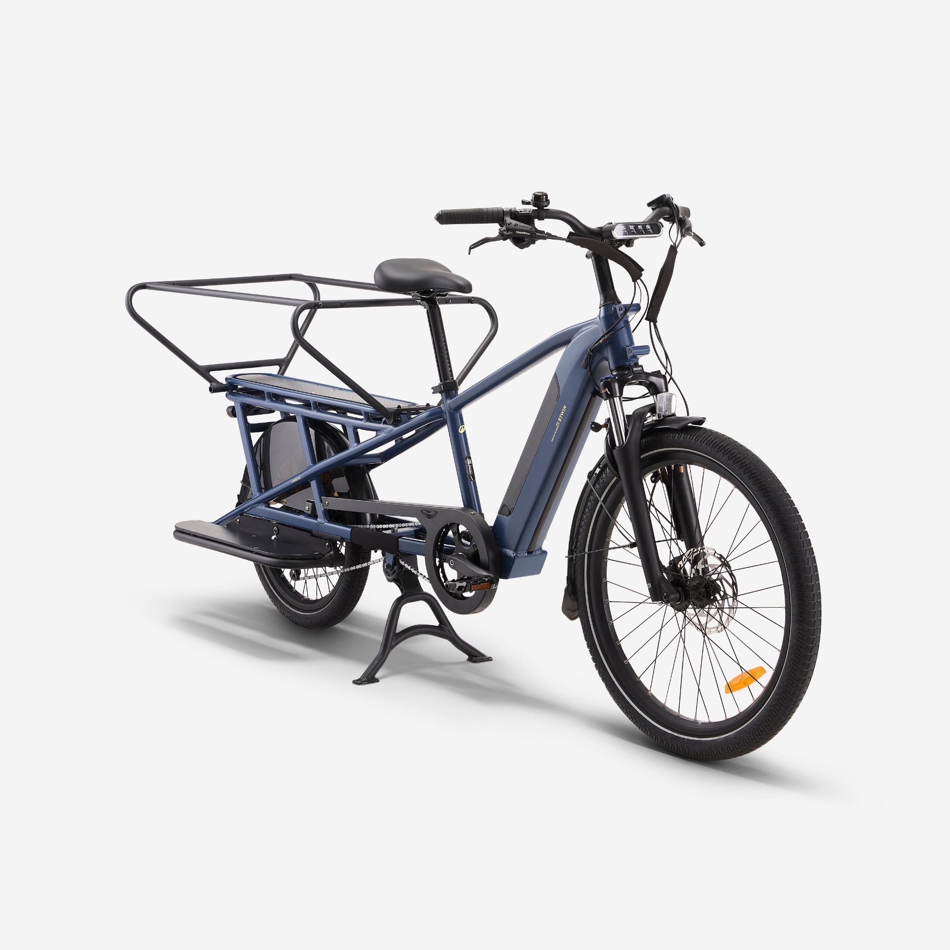 product - Velo cargo électrique longtail, BTWIN E-three 500 Bleu abysse - Decathlon