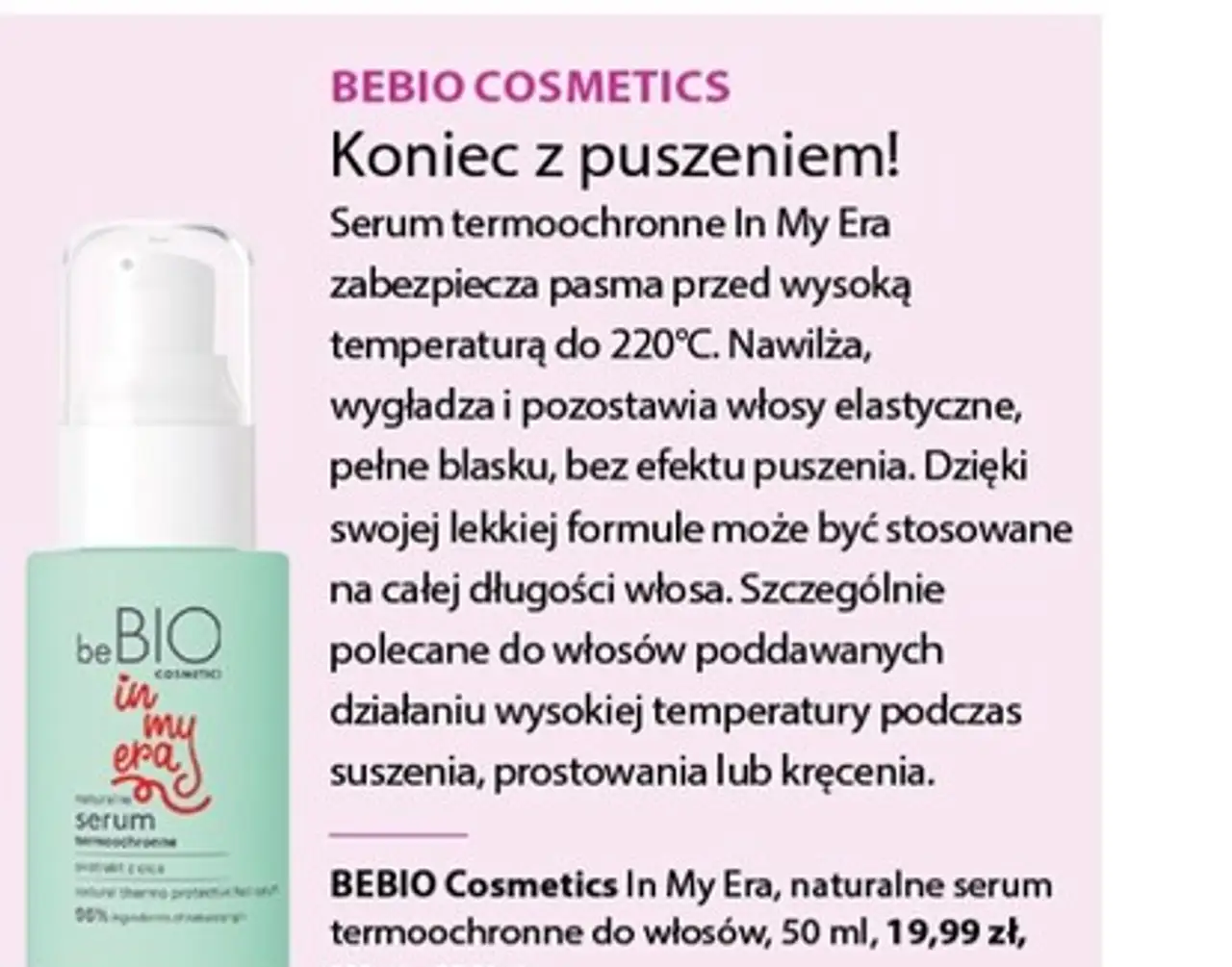 BEBIO Cosmetics In My Era, naturalne serum termoochronne do włosów