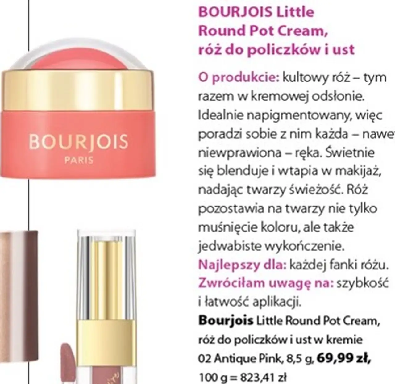 Bourjois Little Round Pot Cream, róż do policzków i ust w kremie 02 Antique Pink