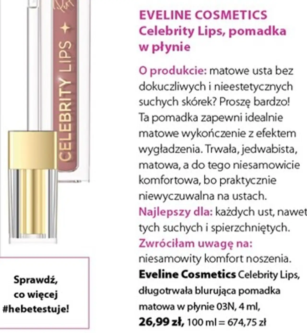 Eveline Cosmetics Celebrity Lips, długotrwała blurująca pomadka matowa w płynie 03N