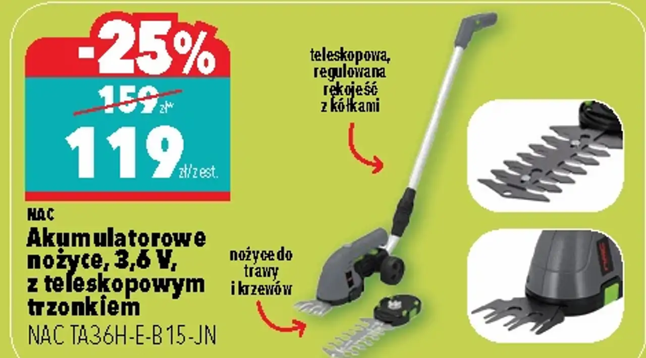 Akumulatorowe nożyce, 3,6 V, z teleskopowym trzonkiem NAC TA36H-E-B15-JN