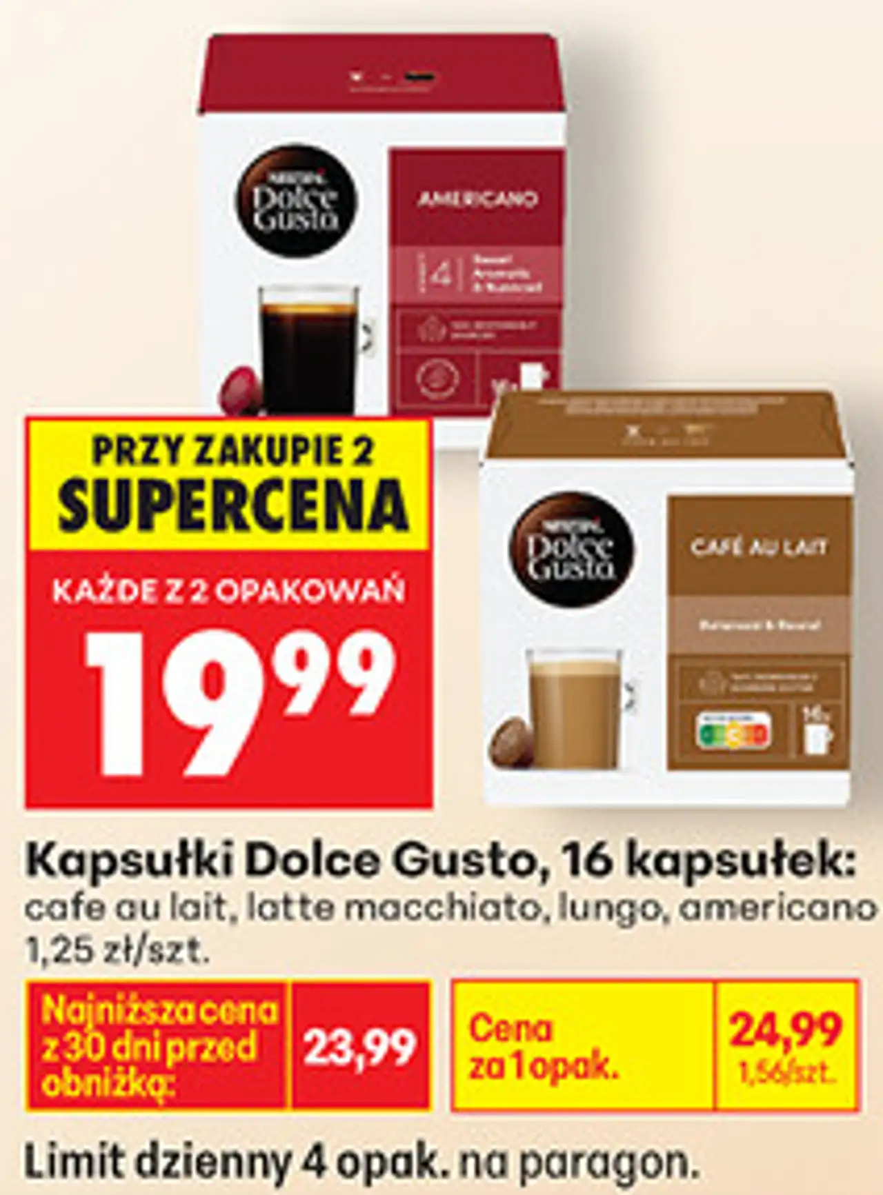 Kapsułki Dolce Gusto, 16 kapsułek: cafe au lait, latte macchiato, lungo, americano