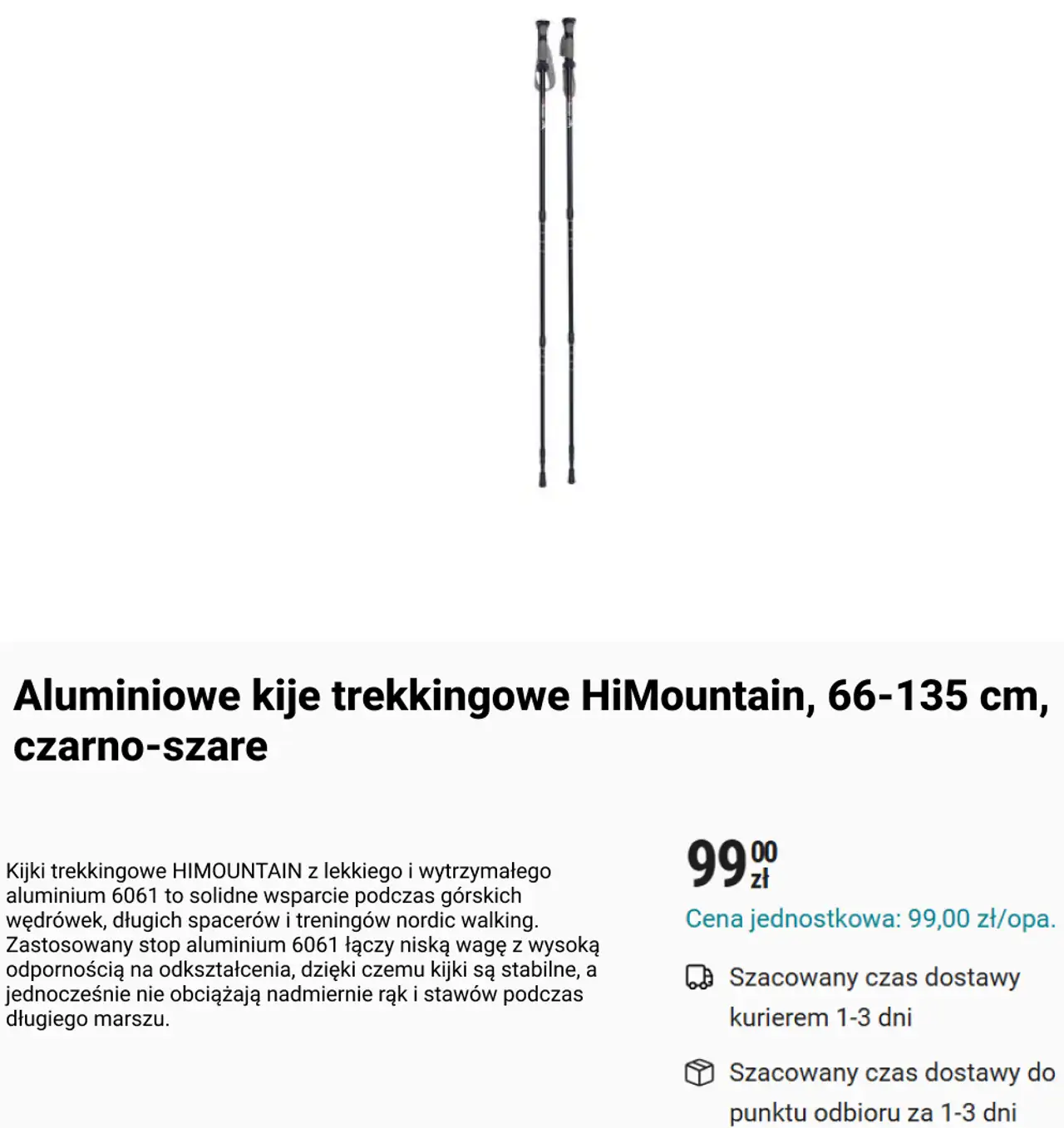 Aluminiowe kije trekkingowe HiMountain, 66-135 cm, czarno-szare