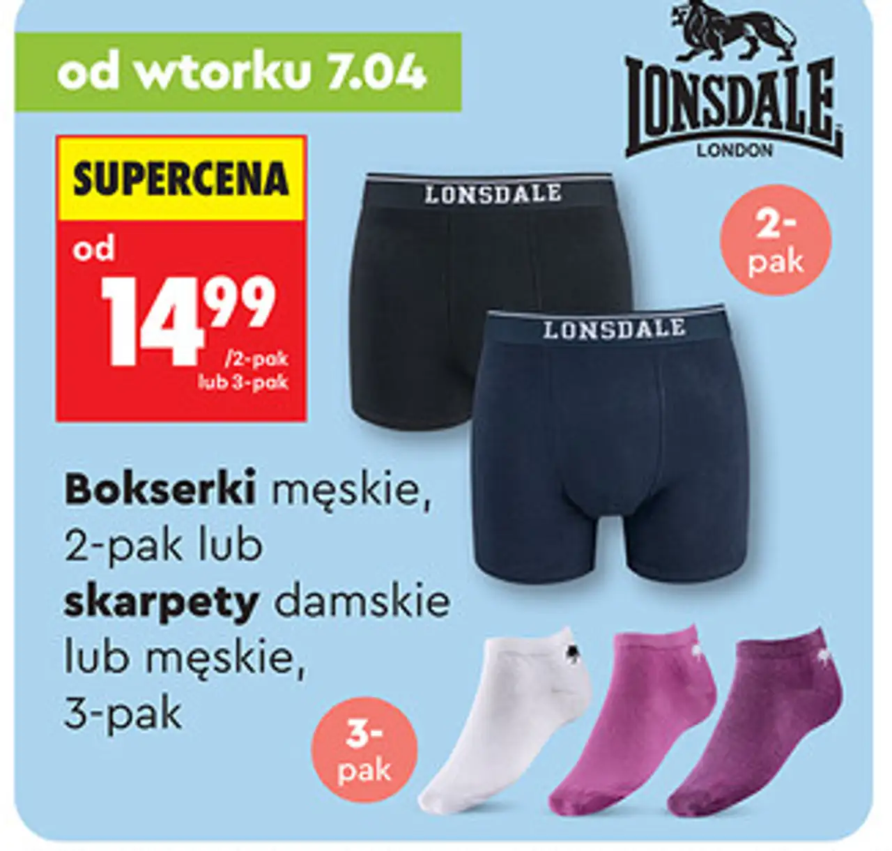 Bokserki męskie Lonsdale, 2-pak lub skarpety damskie lub męskie Lonsdale, 3-pak