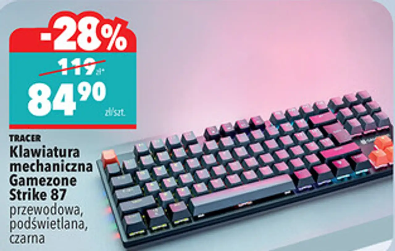 TRACER Klawiatura mechaniczna Gamezone Strike 87 przewodowa, podświetlana, czarna