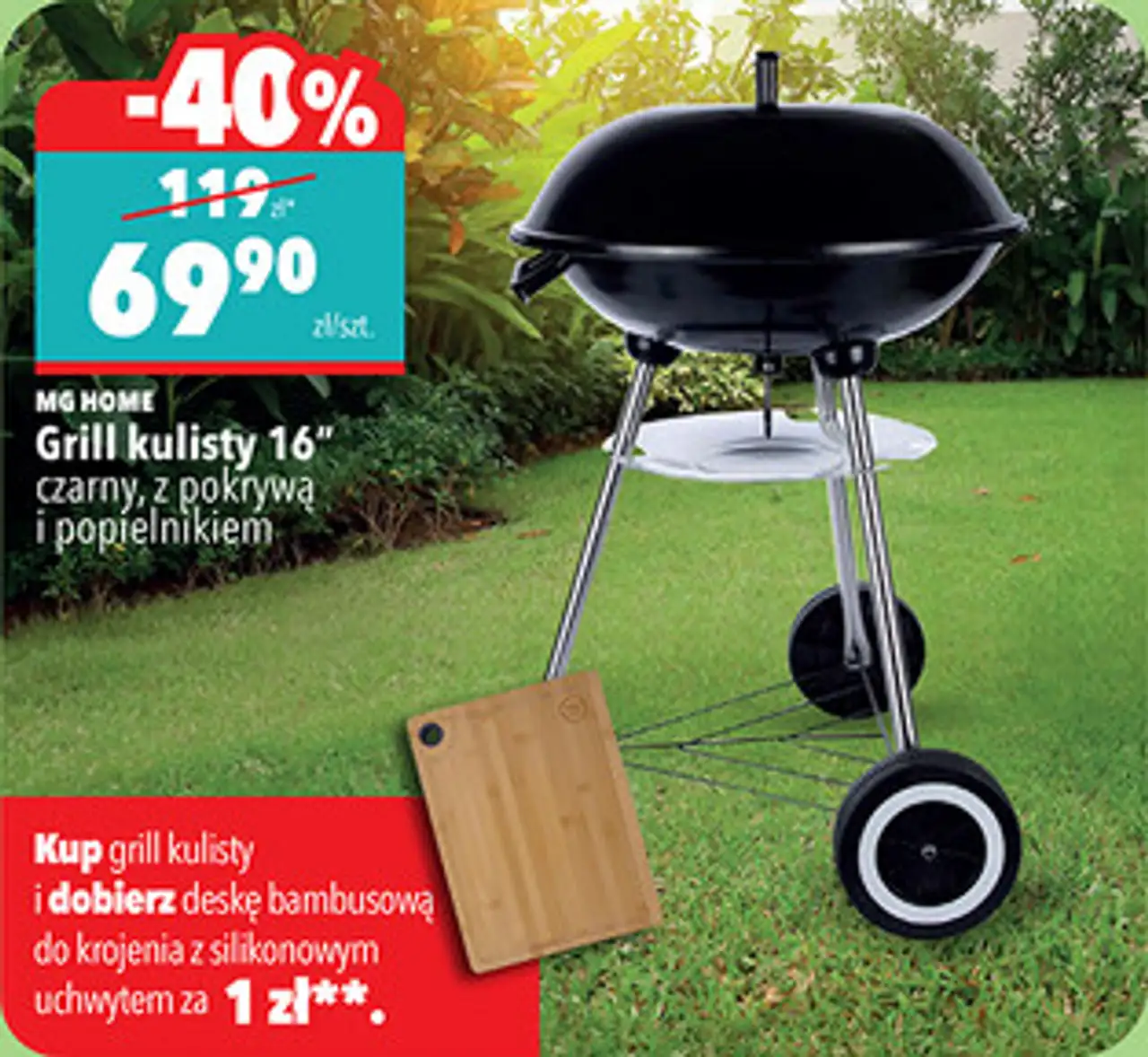 MG HOME Grill kulisty 16" czarny, z pokrywą i popielnikiem