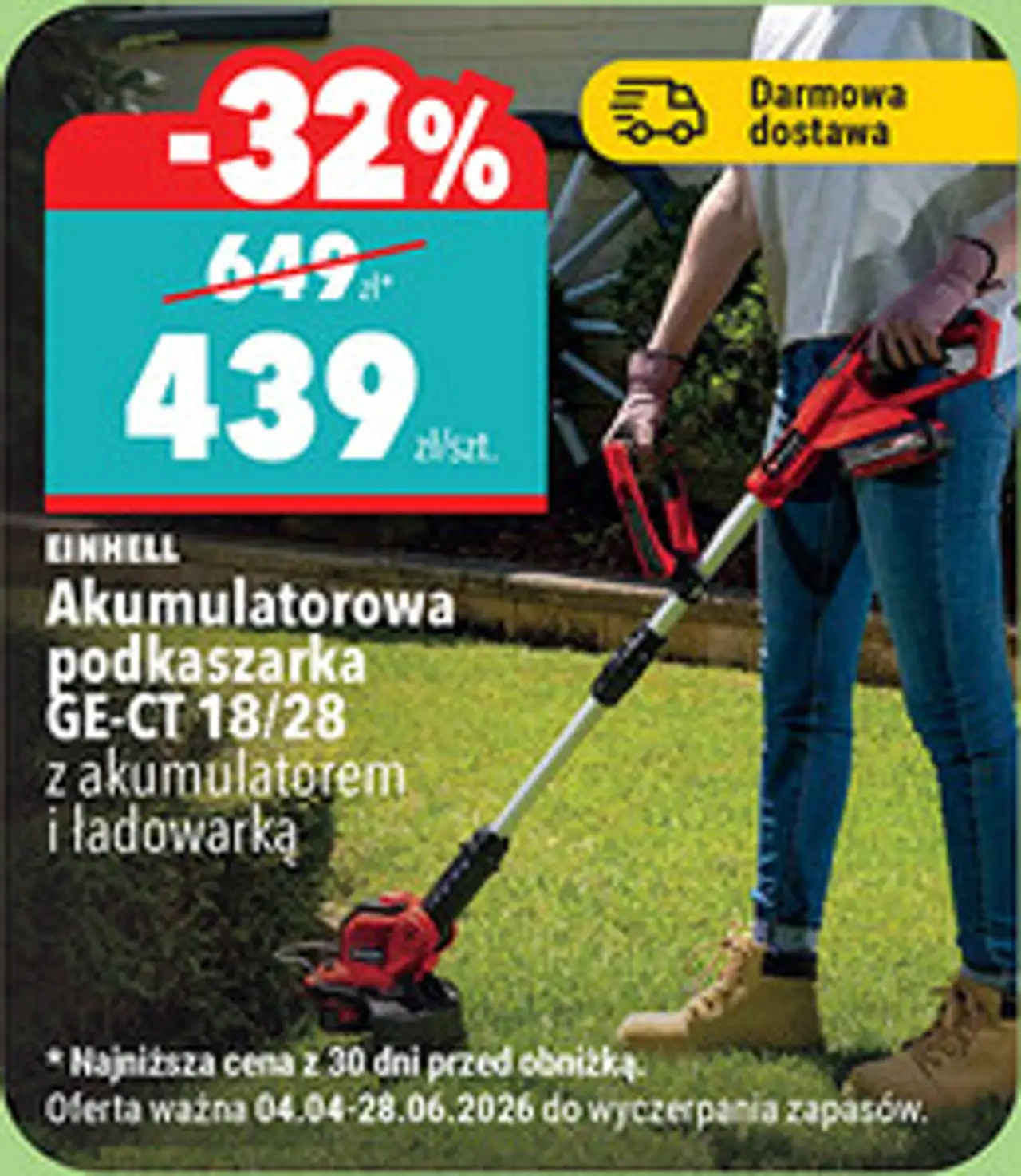 EINHELL Akumulatorowa podkaszarka GE-CT 18/28 z akumulatorem i ładowarką