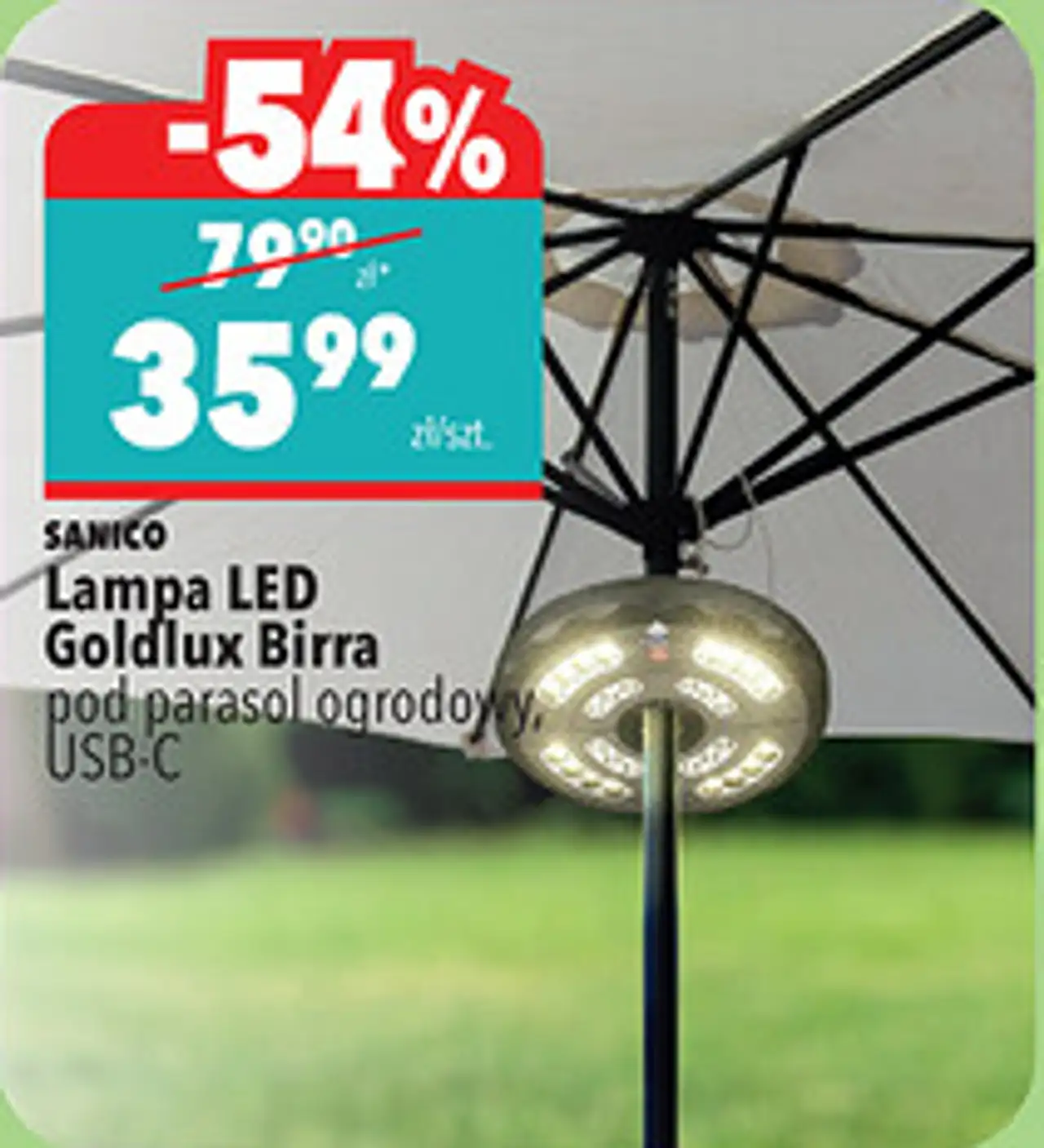SANICO Lampa LED Goldlux Birra pod parasol ogrodowy, USB-C
