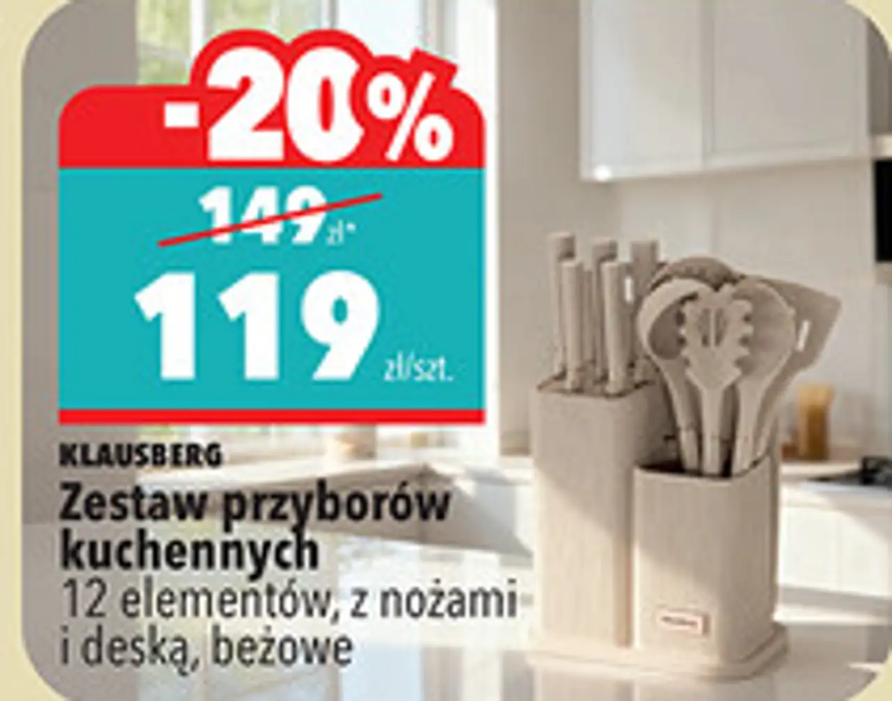 Zestaw przyborów kuchennych Klausberg 12 elementów, z nożami i deską, beżowe