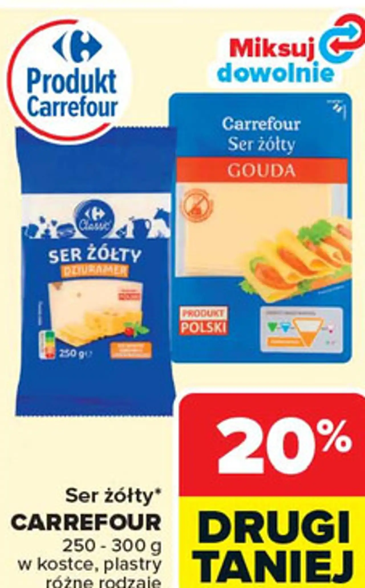 Ser żółty CARREFOUR w kostce, plastry różne rodzaje