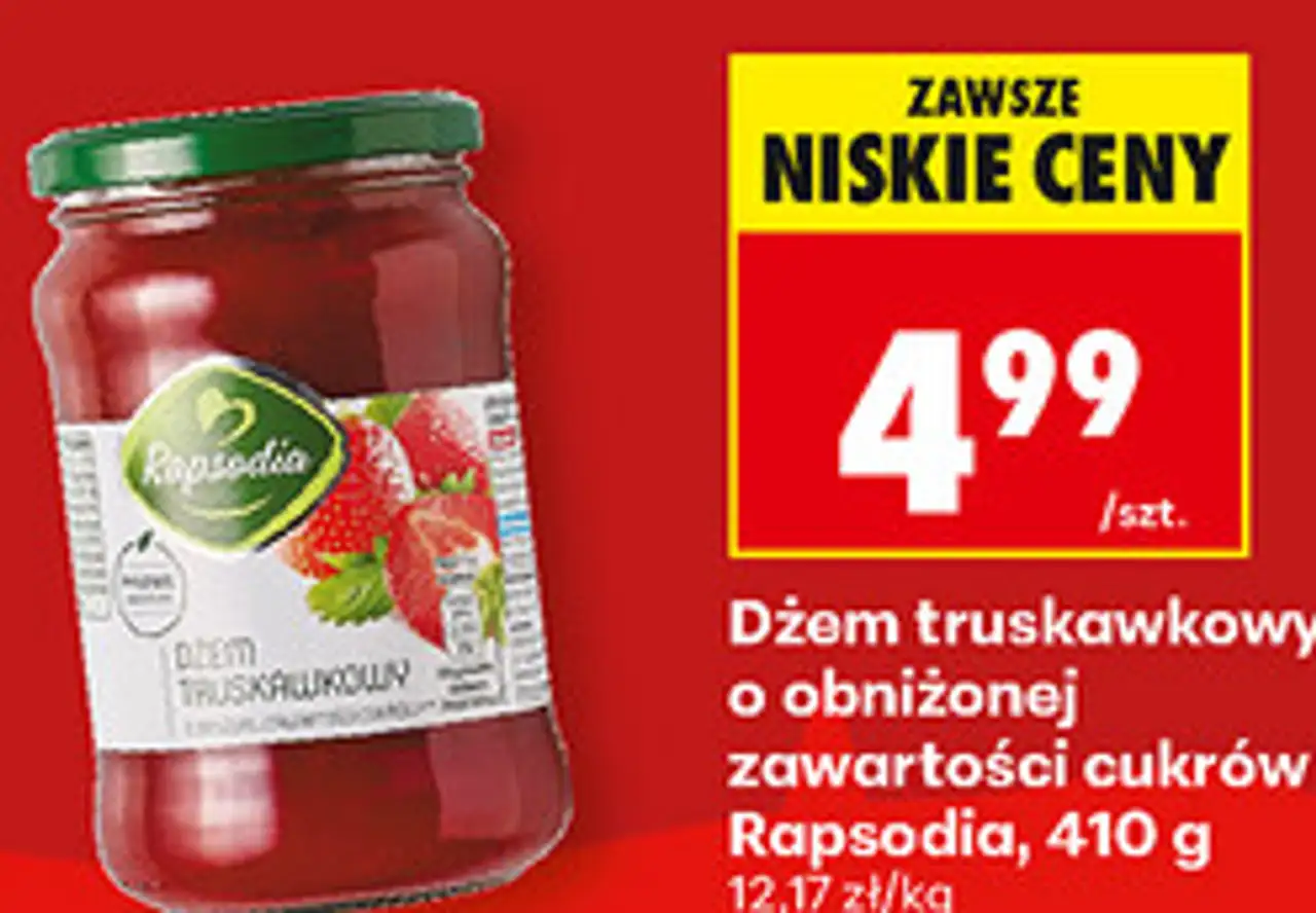 Dżem truskawkowy o obniżonej zawartości cukrów Rapsodia, 410 g
