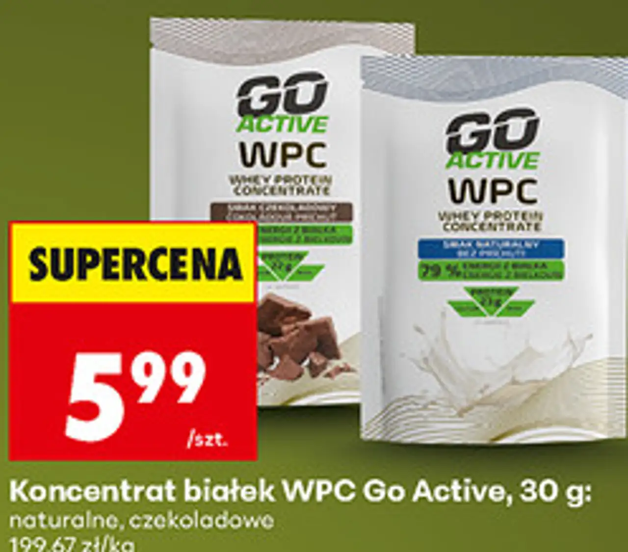 Koncentrat białek WPC Go Active, 30 g: naturalne, czekoladowe