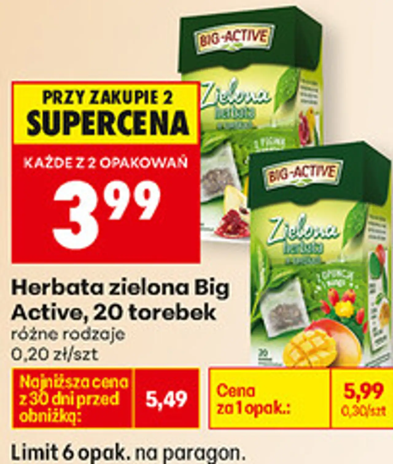 Herbata zielona Big Active, 20 torebek różne rodzaje