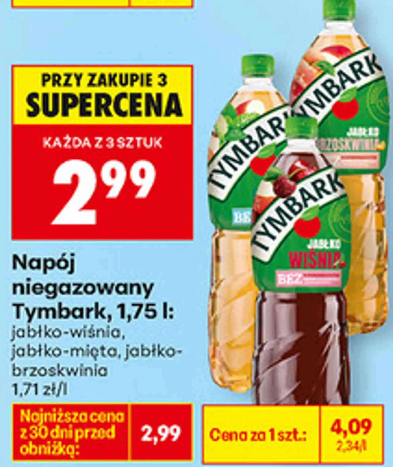 Napój niegazowany Tymbark, 1,75 l: jabłko-wiśnia, jabłko-mięta, jabłko-brzoskwinia