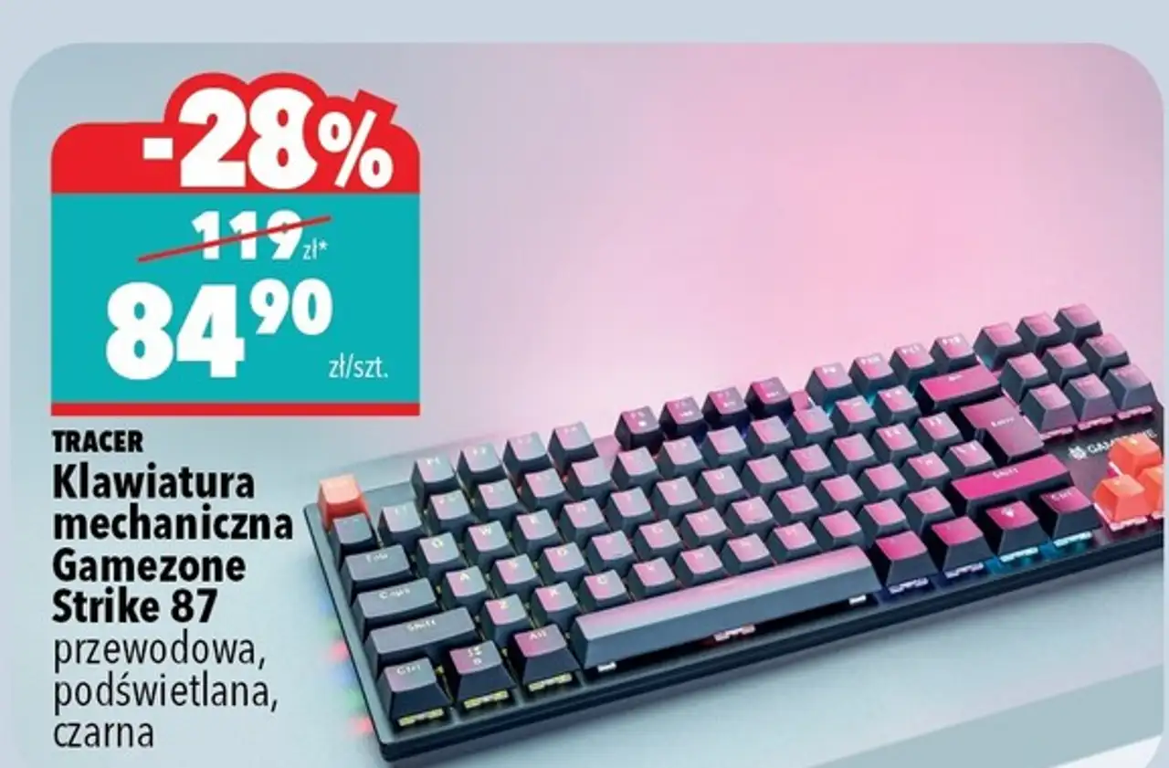 TRACER Klawiatura mechaniczna Gamezone Strike 87 przewodowa, podświetlana, czarna