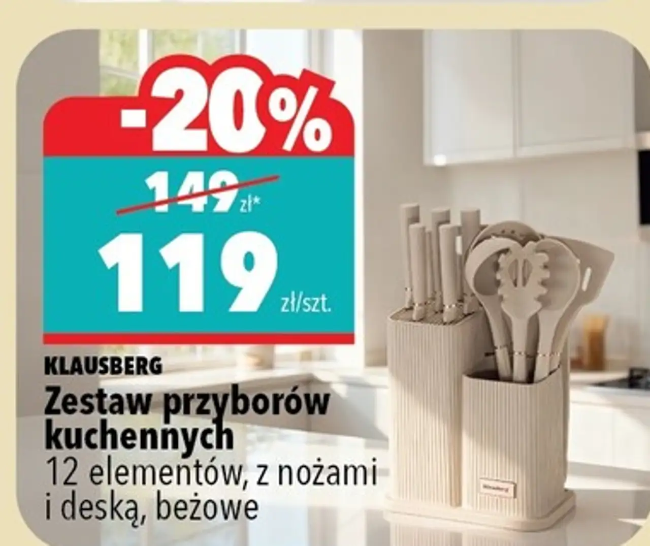 Zestaw przyborów kuchennych 12 elementów, z nożami i deską, beżowe