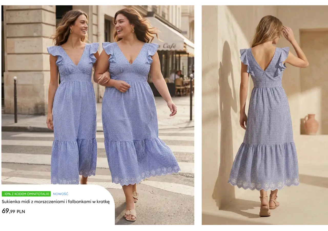Sukienka midi z marszczeniami i falbankami w kratkę
