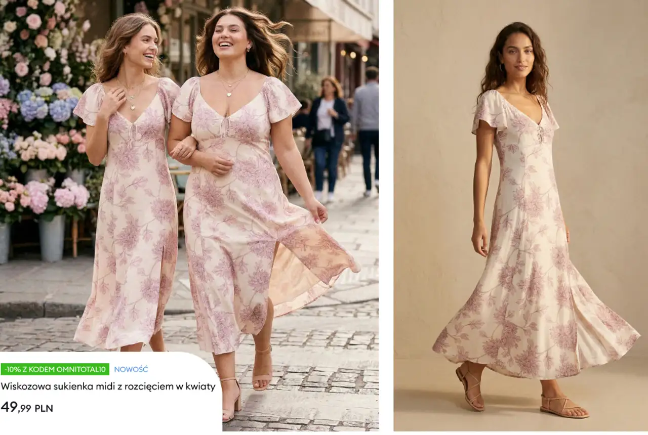 Wiskozowa sukienka midi z rozcięciem w kwiaty