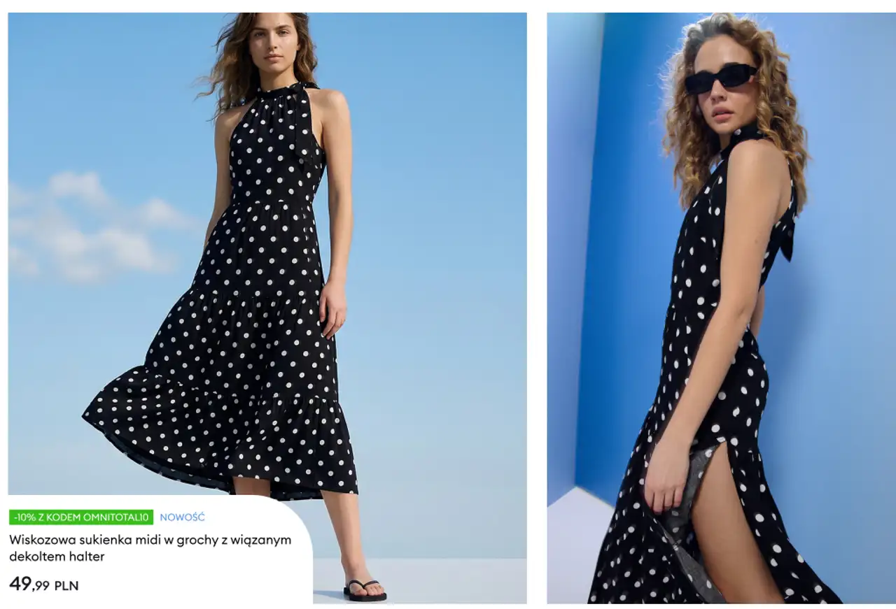 Wiskozowa sukienka midi w grochy z wiązanym dekoltem halter