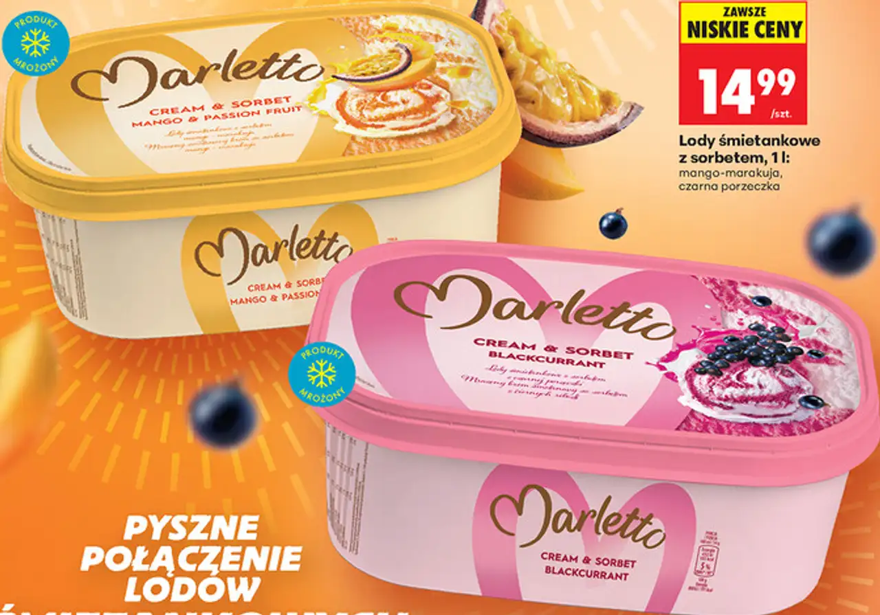 Lody śmietankowe z sorbetem, 1 l: mango-marakuja, czarna porzeczka