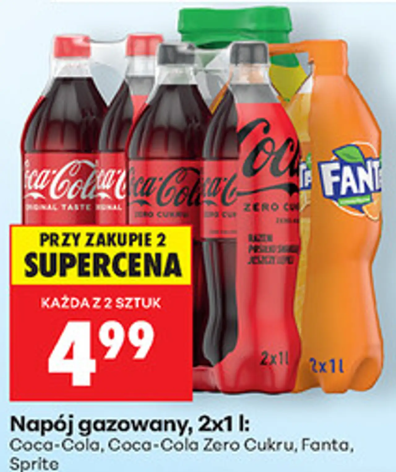 Napój gazowany, 2x1 l: Coca-Cola, Coca-Cola Zero Cukru, Fanta, Sprite