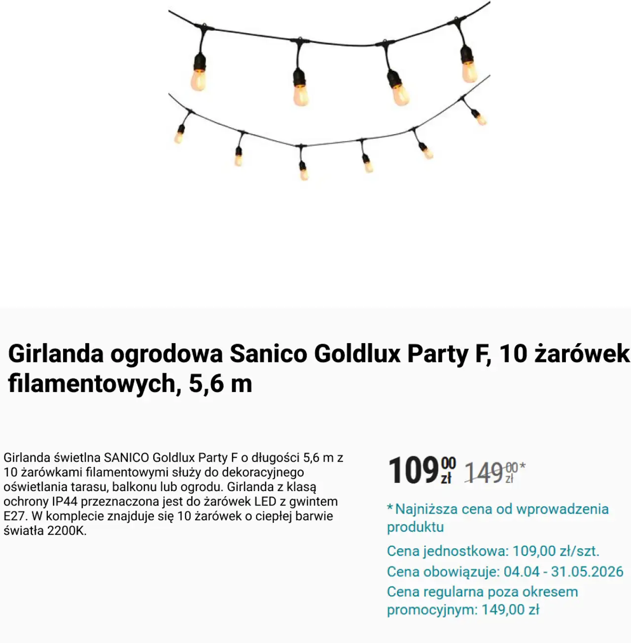 Girlanda ogrodowa Sanico Goldlux Party F, 10 żarówek filamentowych, 5,6 m