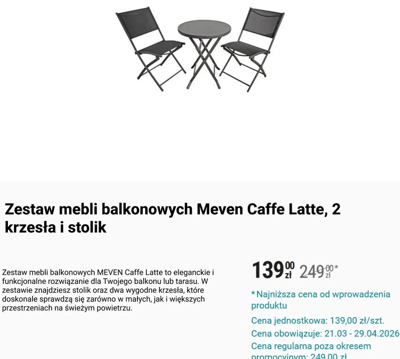 Zestaw mebli balkonowych MEVEN Caffe Latte, 2 krzesła i stolik