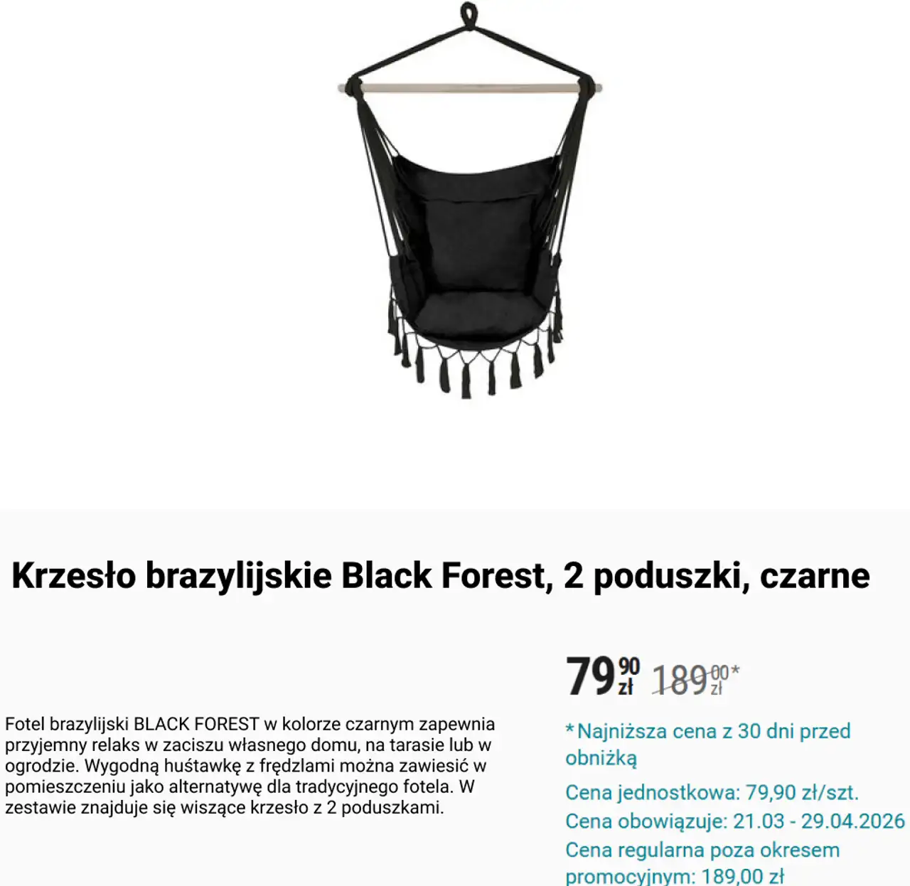 Krzesło brazylijskie Black Forest, 2 poduszki, czarne