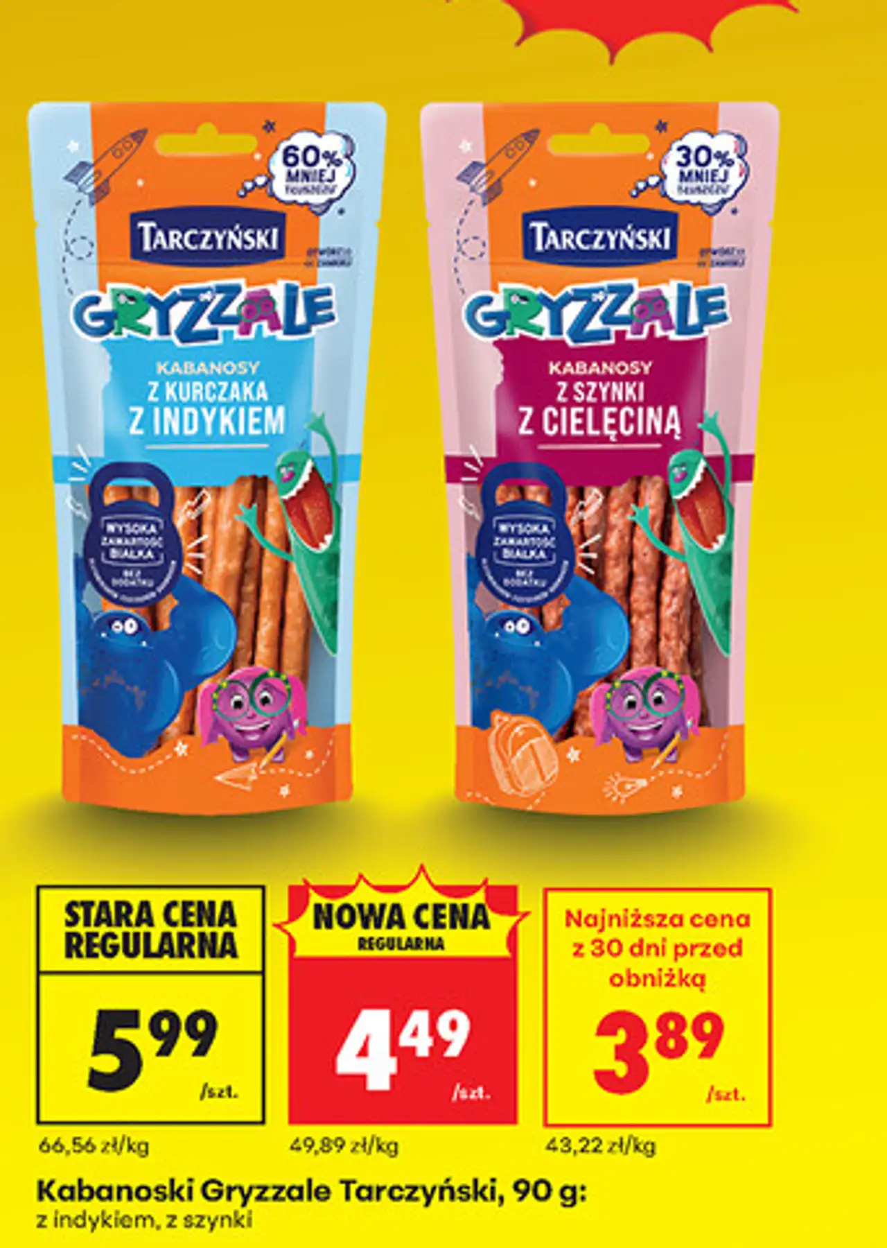 Kabanoski Gryzzale Tarczyński, 90 g: z indykiem, z szynki