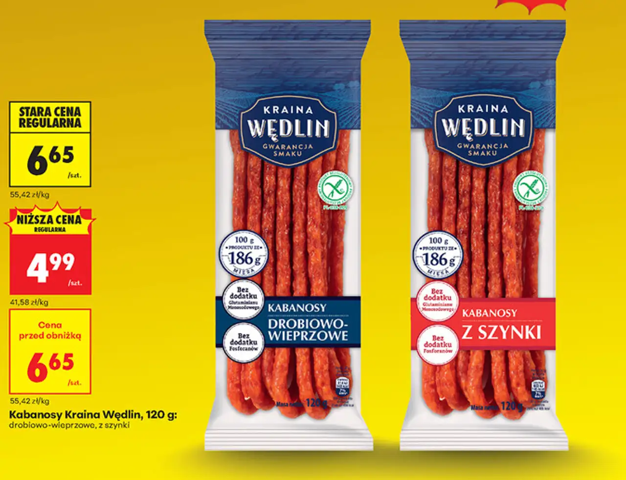 Kabanosy Kraina Wędlin, 120 g: drobiowo-wieprzowe, z szynki