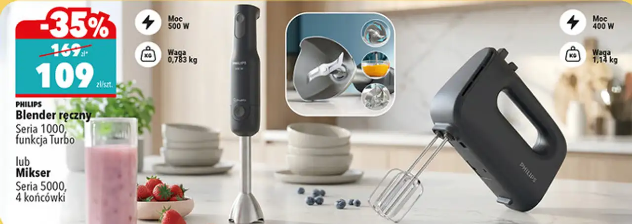 Blender ręczny Seria 1000, funkcja Turbo lub Mikser Seria 5000, 4 końcówki PHILIPS