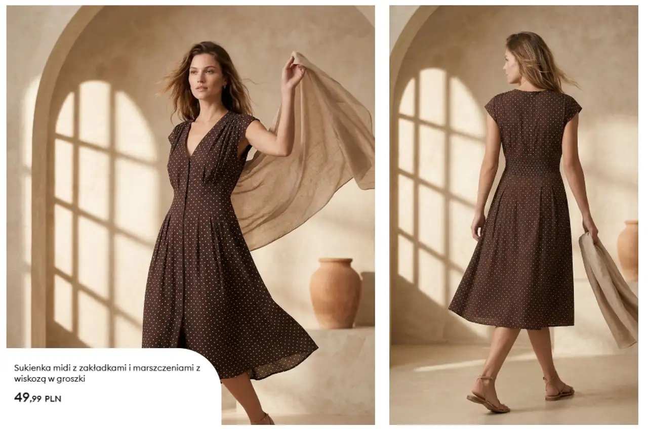 Sukienka midi z zakładkami i marszczeniami z wiskozą w groszki