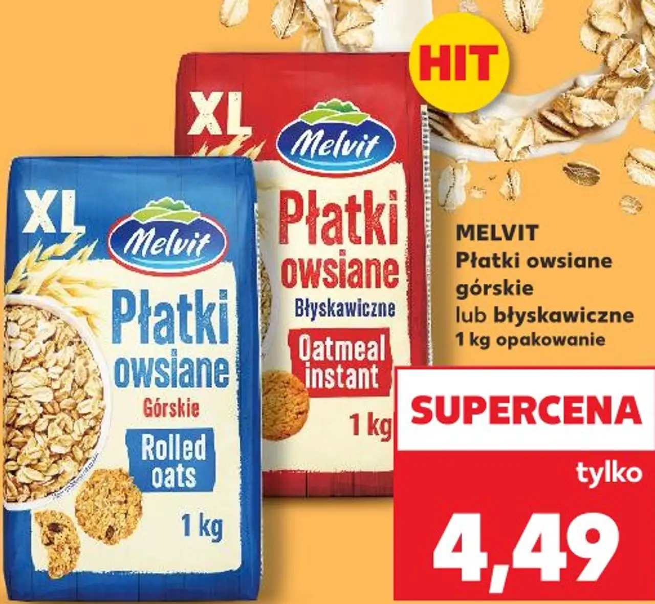 MELVIT Płatki owsiane górskie lub błyskawiczne 1 kg opakowanie