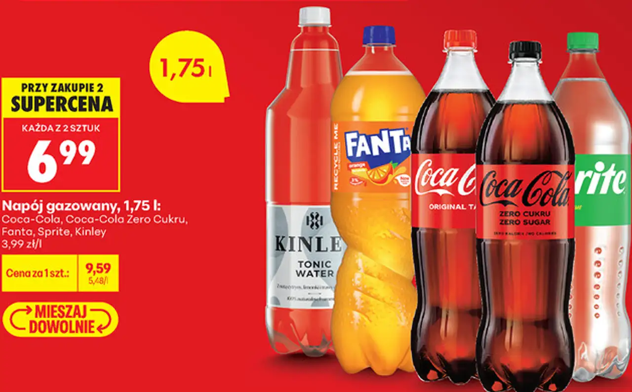 Napój gazowany Coca-Cola, Coca-Cola Zero Cukru, Fanta, Sprite, Kinley, 1,75 l