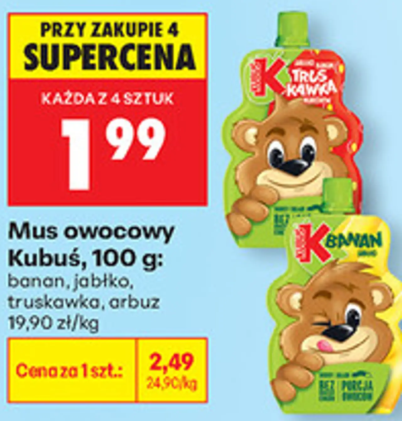 Mus owocowy Kubuś, 100 g: banan, jabłko, truskawka, arbuz