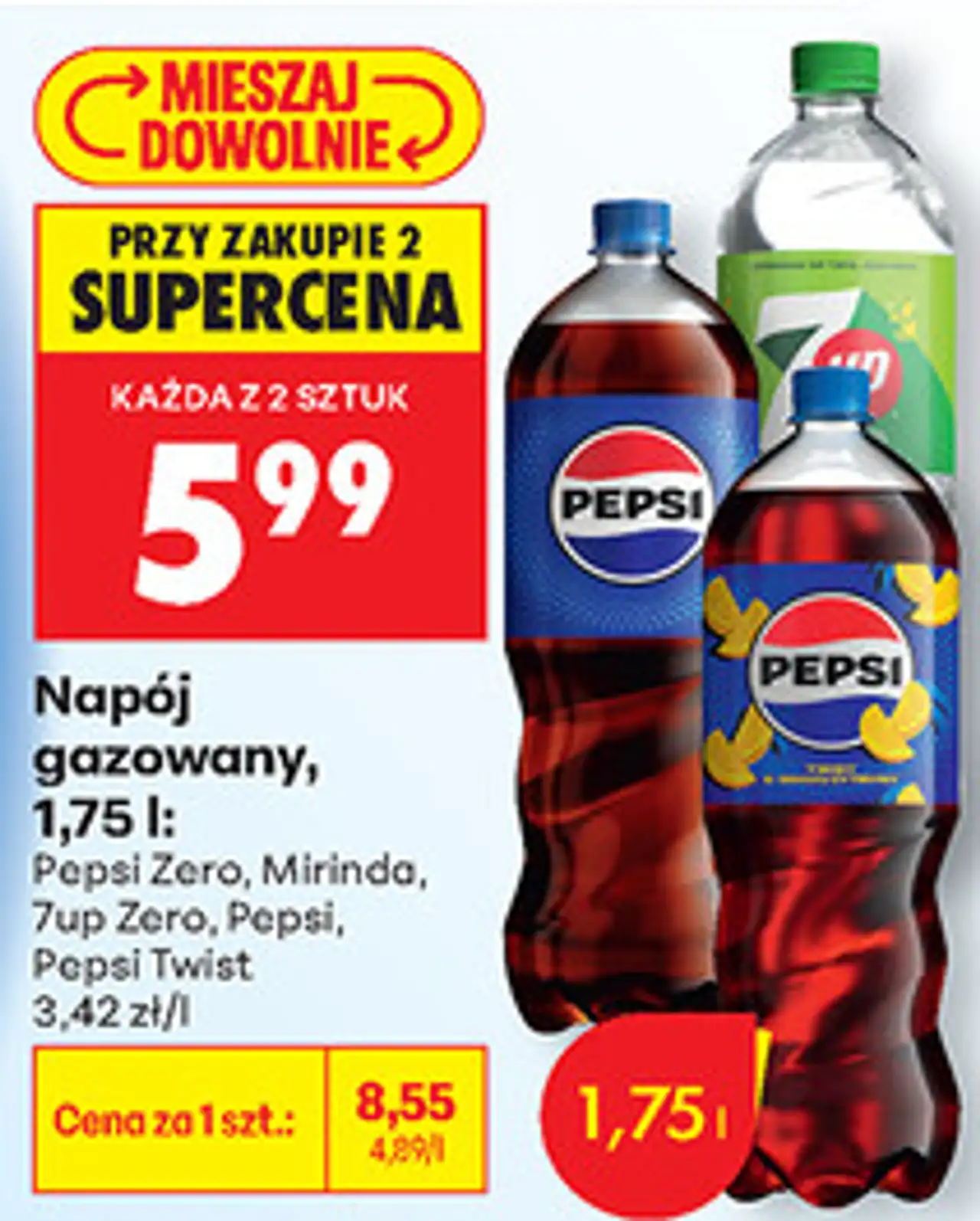 Napój gazowany Pepsi Zero, Mirinda, 7up Zero, Pepsi, Pepsi Twist 1,75 l