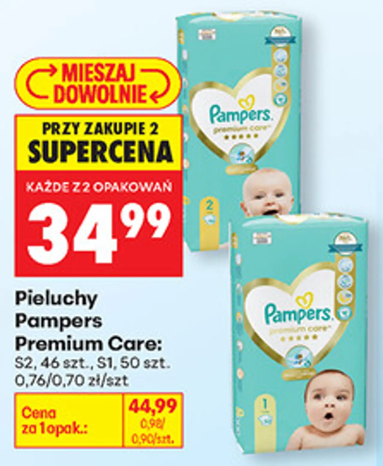 Pieluchy Pampers Premium Care: S2, 46 szt., S1, 50 szt.