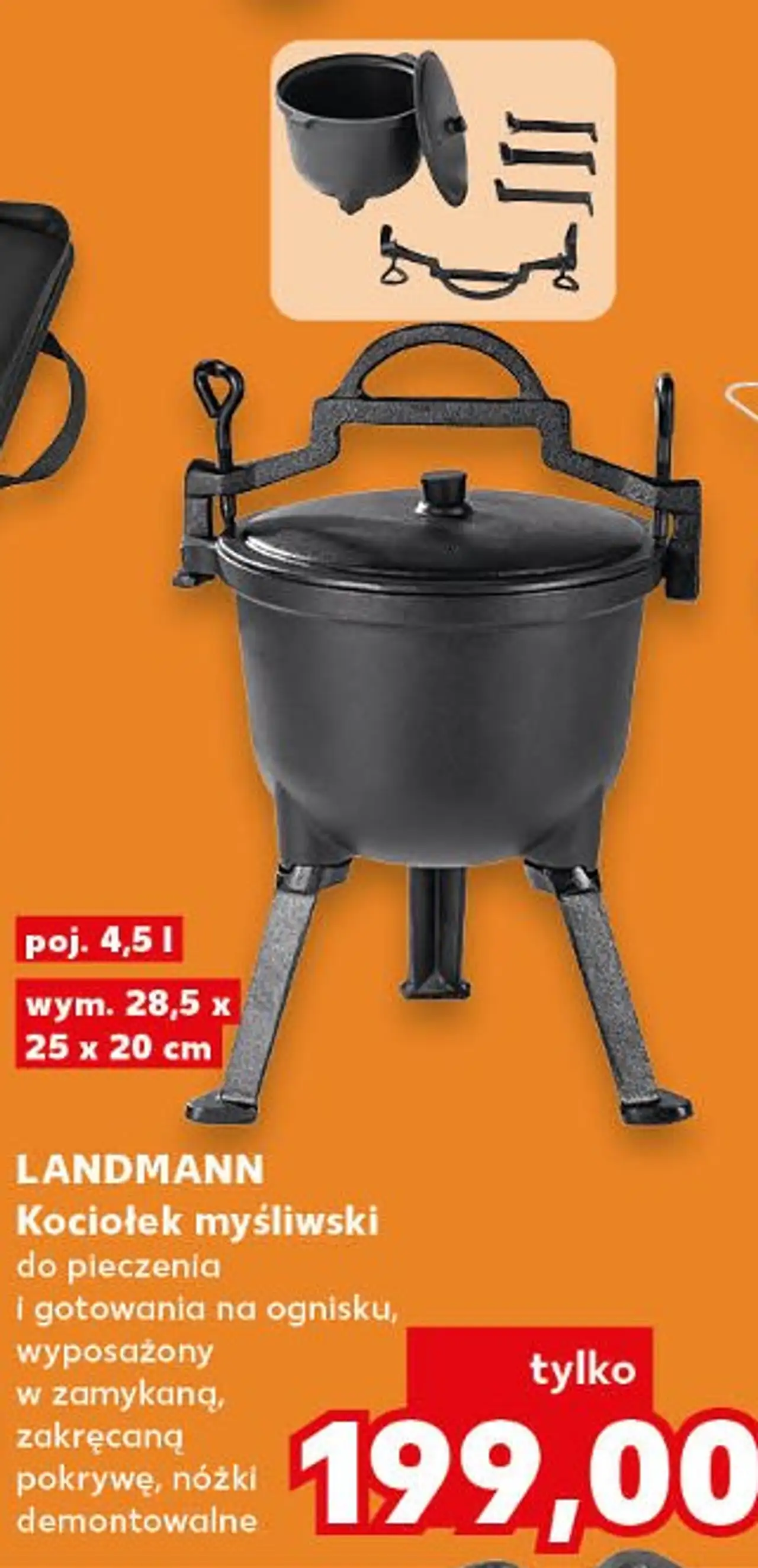 Kociołek myśliwski do pieczenia i gotowania na ognisku, wyposażony w zamykaną, zakręcaną pokrywę, nóżki demontowalne