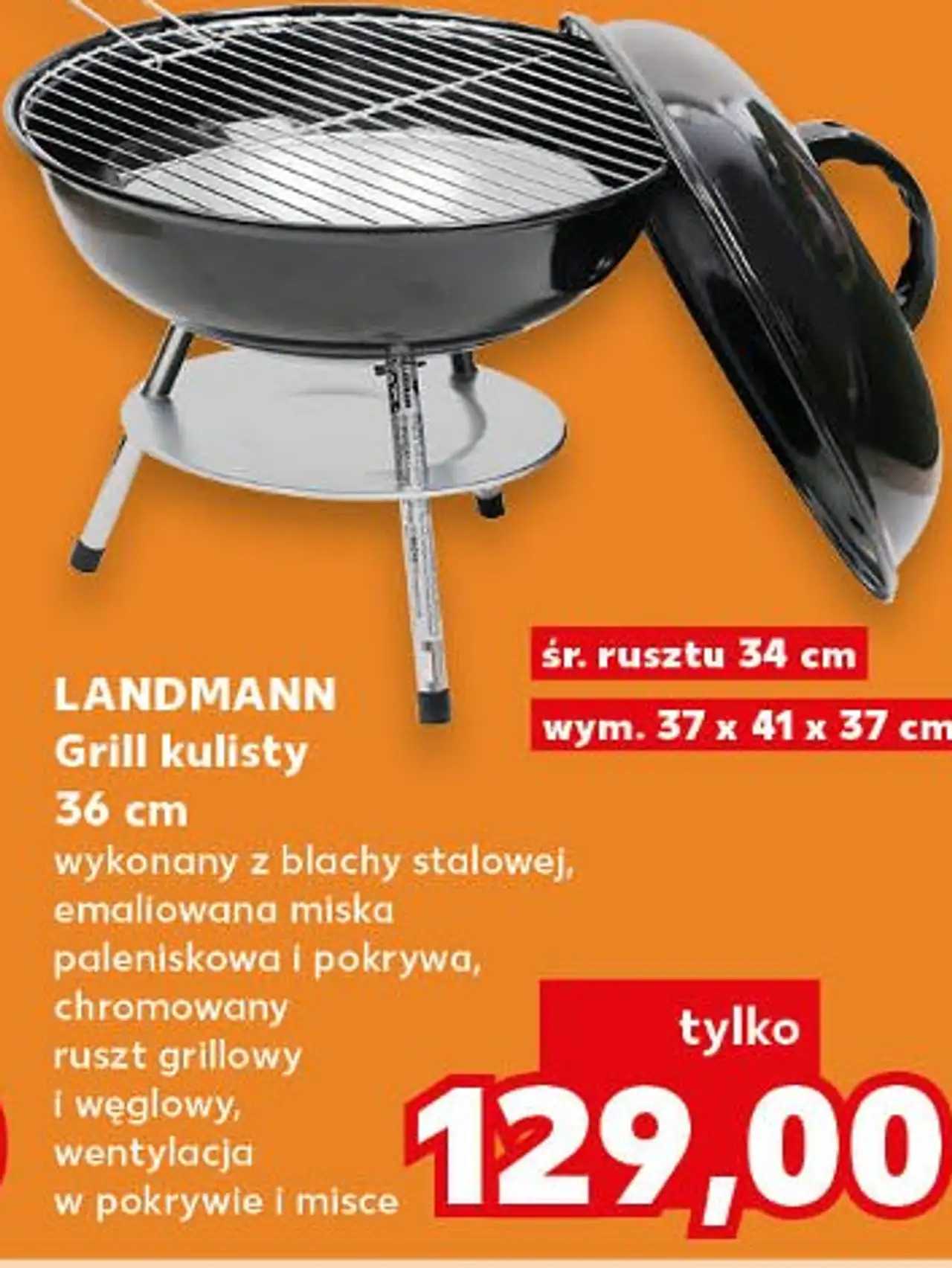 Grill kulisty 36 cm wykonany z blachy stalowej, emaliowana miska paleniskowa i pokrywa, chromowany ruszt grillowy i węglowy, wentylacja w pokrywie i misce