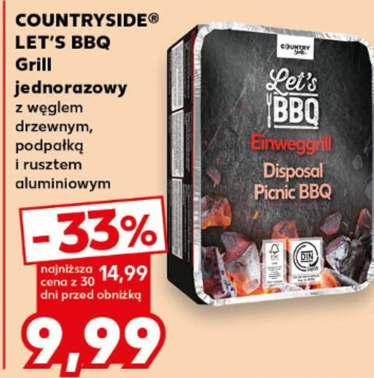 Grill jednorazowy z węglem drzewnym, podpałką i rusztem aluminiowym