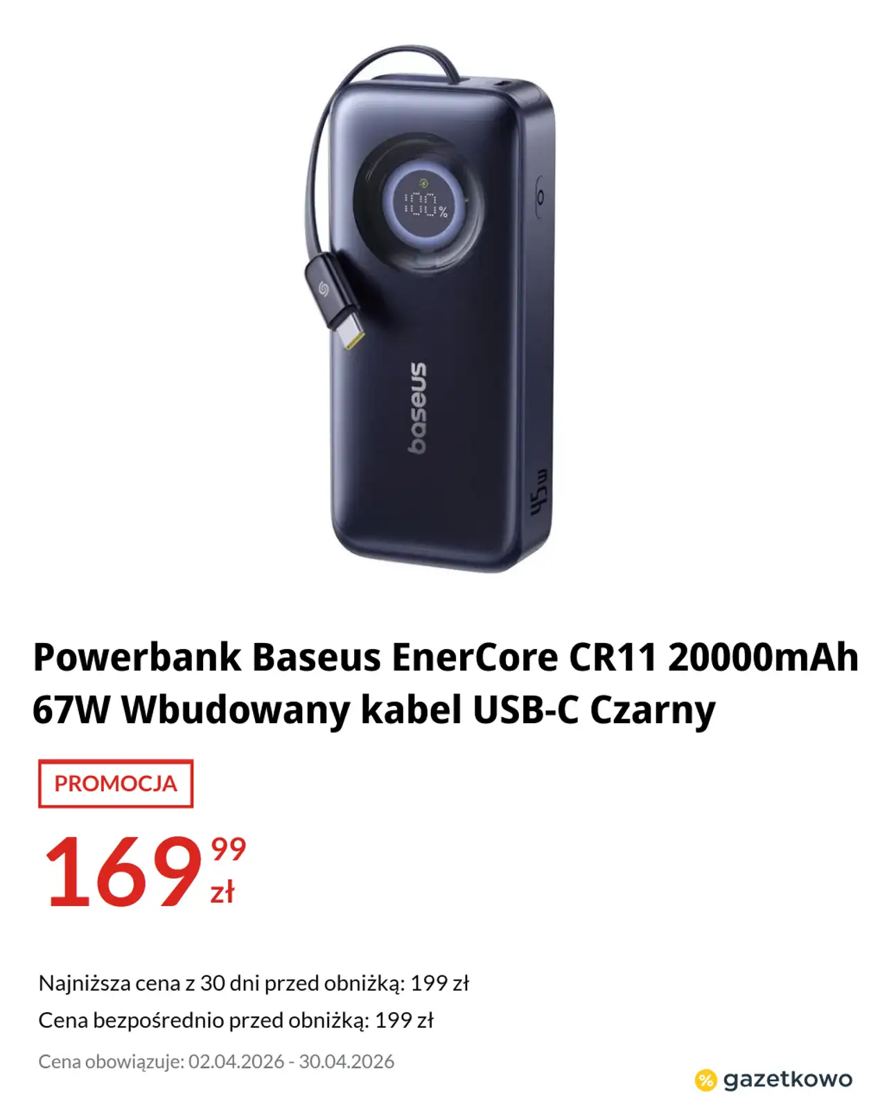 Powerbank Baseus EnerCore CR11 20000mAh 67W Wbudowany kabel USB-C Czarny