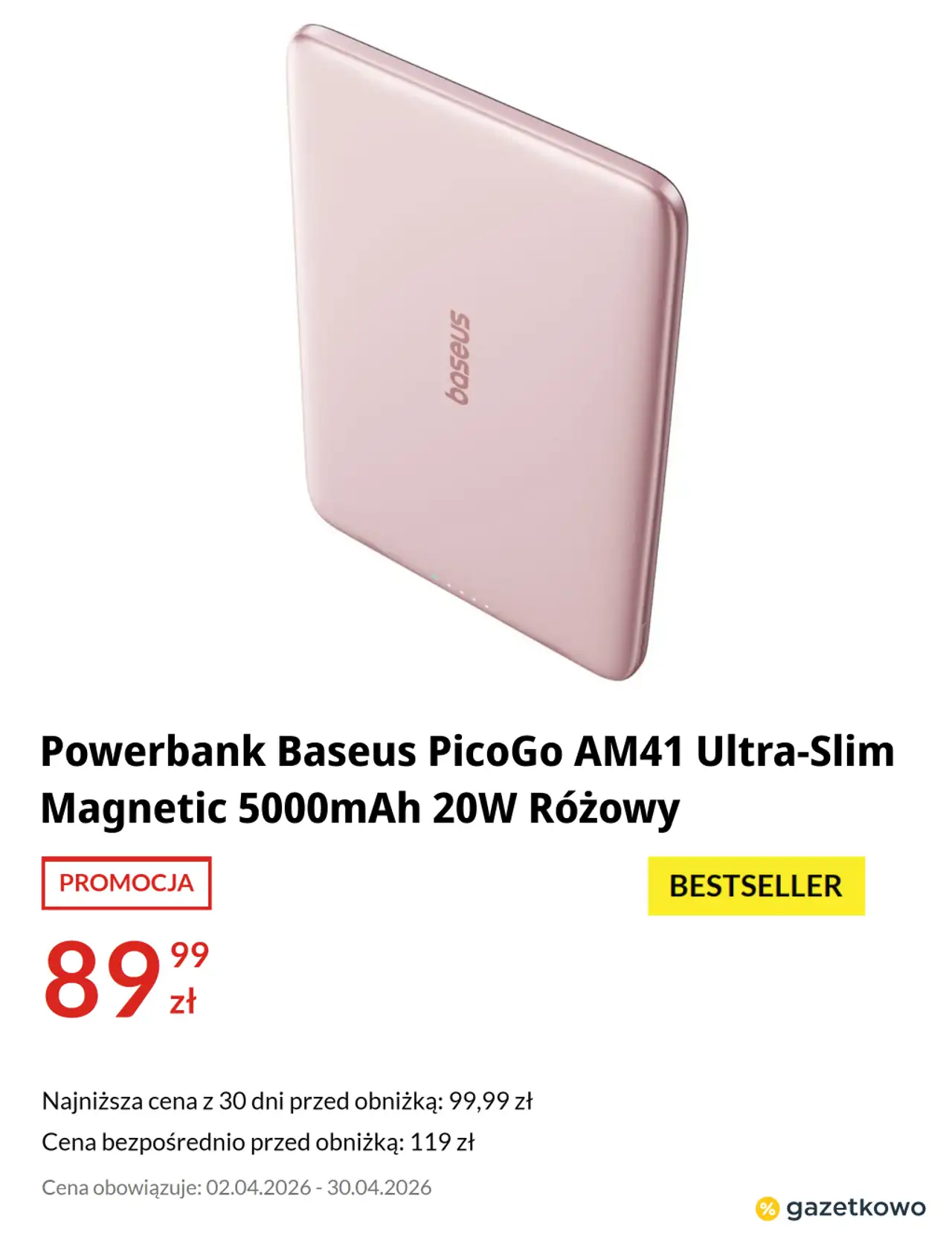 Powerbank Baseus PicoGo AM41 Ultra-Slim Magnetic 5000mAh 20W Różowy