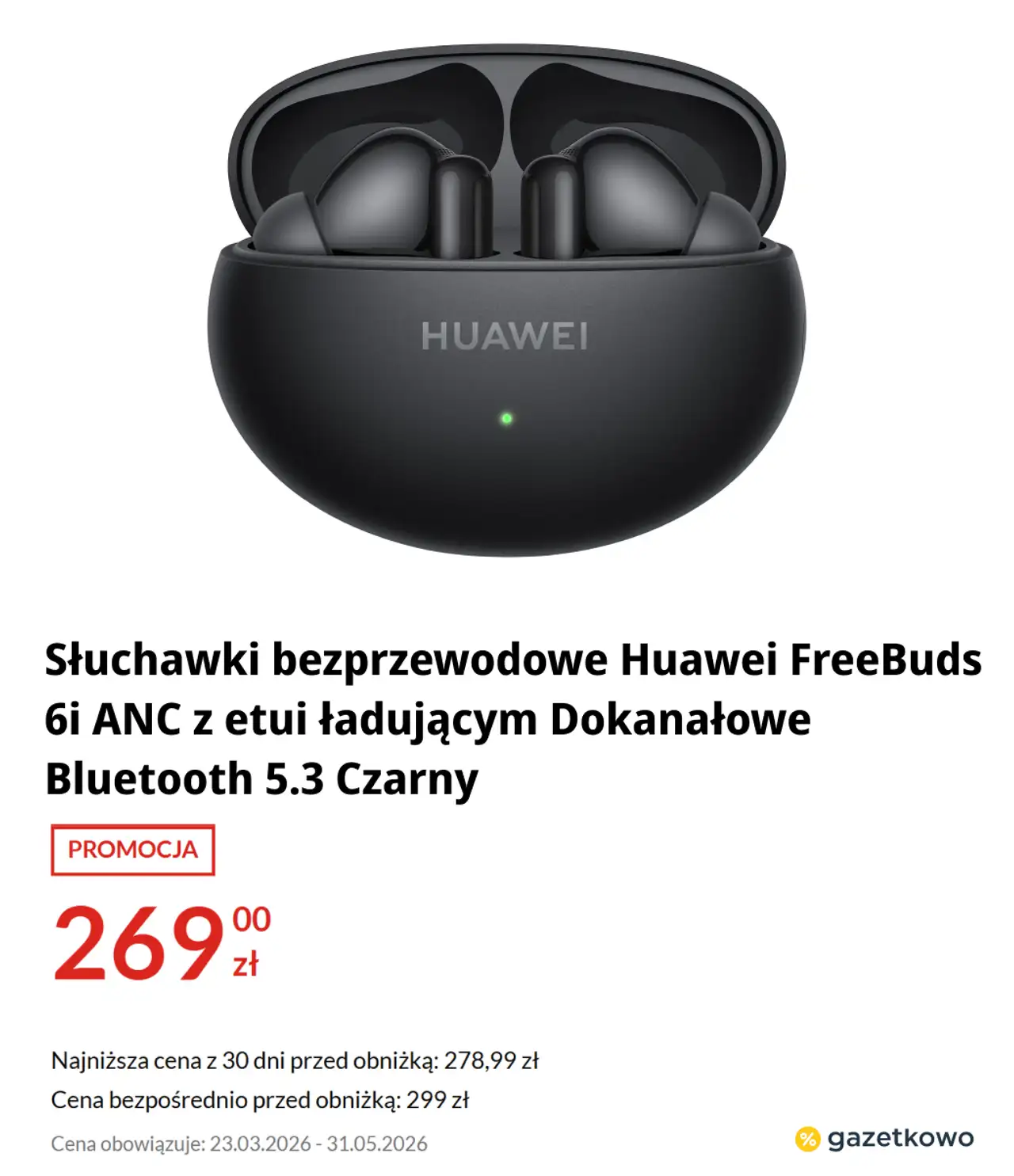 Słuchawki bezprzewodowe Huawei FreeBuds 6i ANC z etui ładującym Dokanałowe Bluetooth 5.3 Czarny