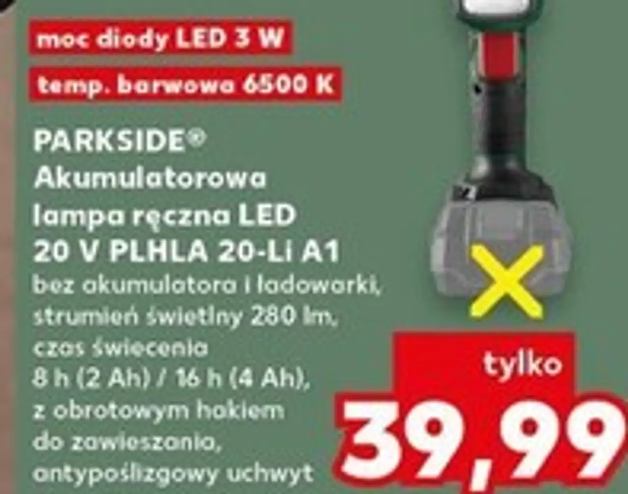 PARKSIDE® Akumulatorowa lampa ręczna LED 20 V PLHLA 20-Li A1