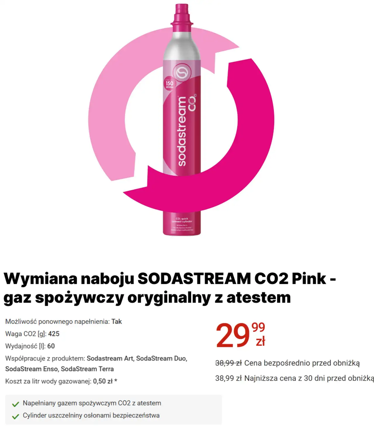 Wymiana naboju SODASTREAM CO2 Pink - gaz spożywczy oryginalny z atestem