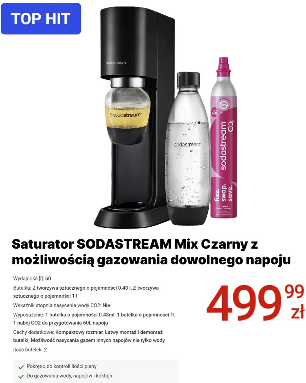 Saturator SODASTREAM Mix Czarny z możliwością gazowania dowolnego napoju