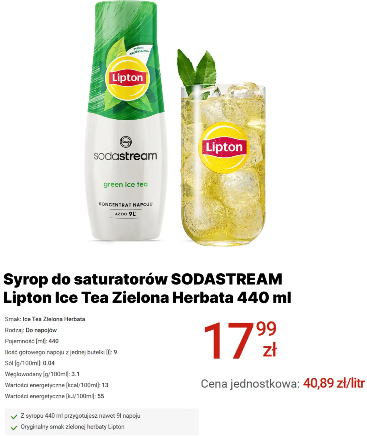 Syrop do saturatorów SODASTREAM Lipton Ice Tea Zielona Herbata 440 ml