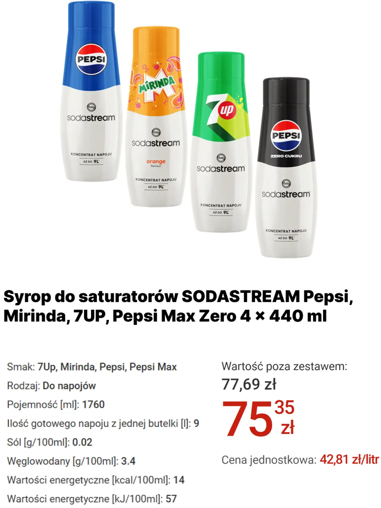 Syrop do saturatorów SODASTREAM Pepsi, Mirinda, 7UP, Pepsi Max Zero 4 x 440 ml