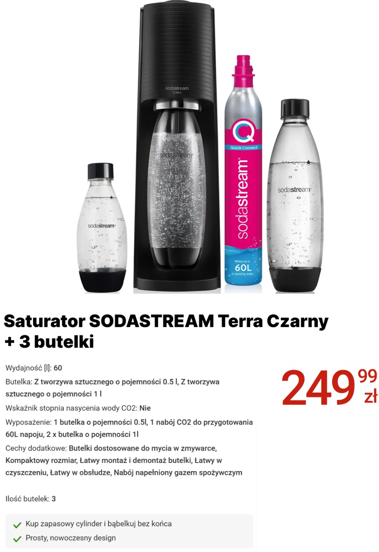 Saturator SODASTREAM Terra Czarny + 3 butelki
