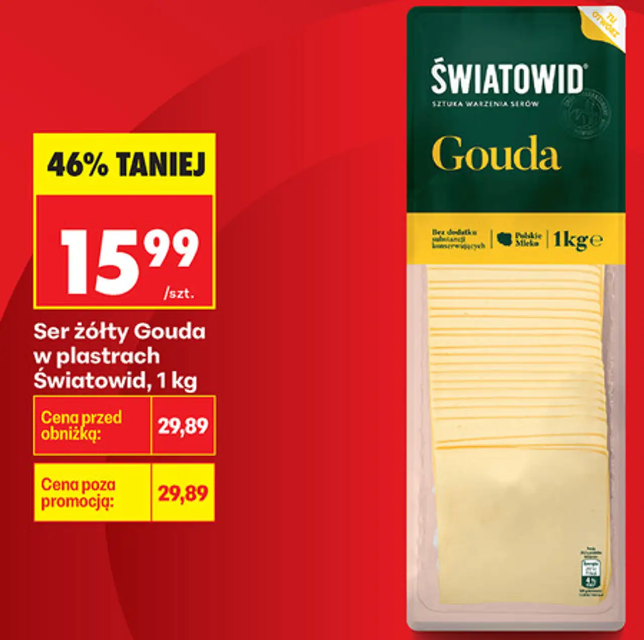 Ser żółty Gouda w plastrach Światowid, 1 kg